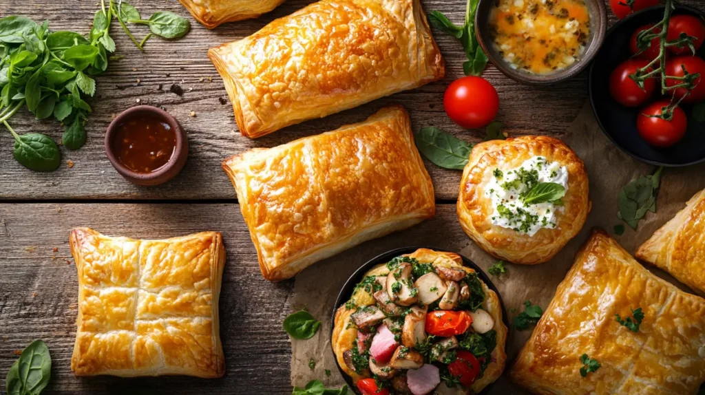 Savory puff pastry breakfast with spinach and feta pastries, ham and cheese turnovers, and mushroom puffs, surrounded by cherry tomatoes, fresh herbs, and dipping sauce on a rustic table