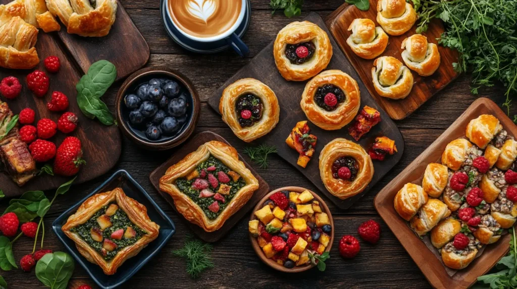 Array of puff pastry breakfast bites with savory fillings like cheese, spinach, and bacon, alongside sweet fruit and chocolate pastries, garnished with fresh herbs and berries, with coffee on a wooden table.