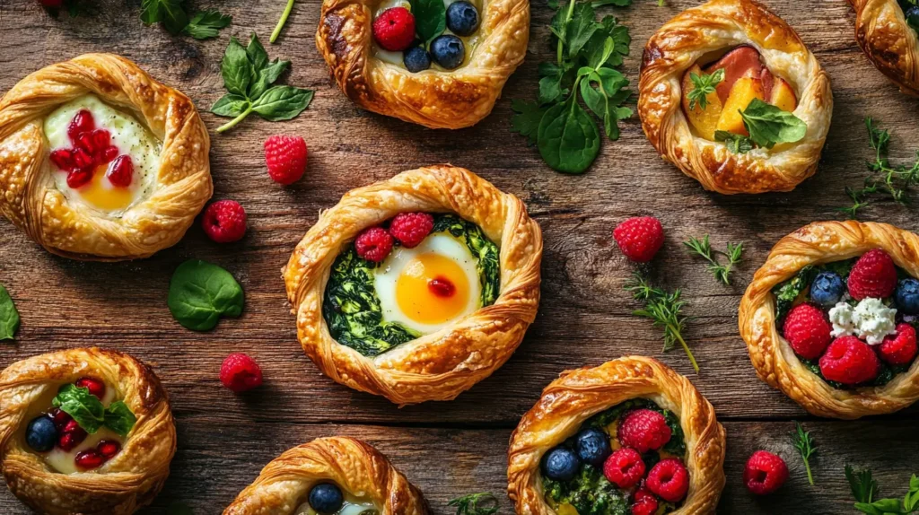 Array of puff pastry breakfast dishes, including croissants with spinach and feta, mini vegetable quiches, berry fruit tarts, and egg and smoked salmon turnovers on a rustic wooden table.