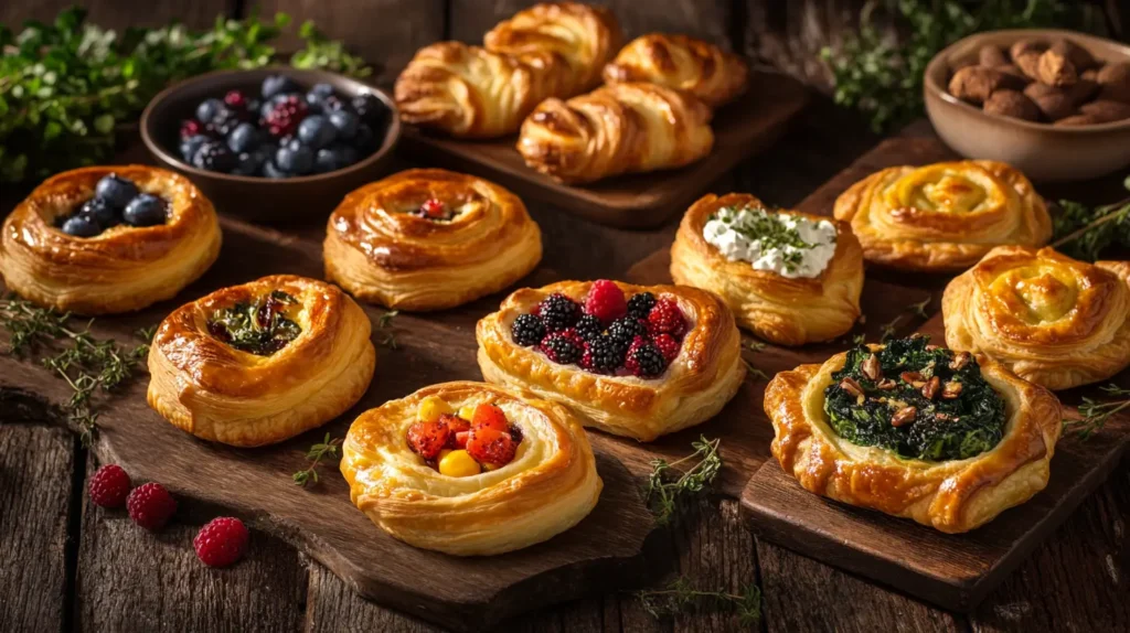 A beautifully arranged breakfast spread with golden-brown croissants, savory spinach and cheese pastries, sweet fruit danishes with berries, and custard-filled pastry puffs on a rustic wooden table with fresh herbs and soft morning light.