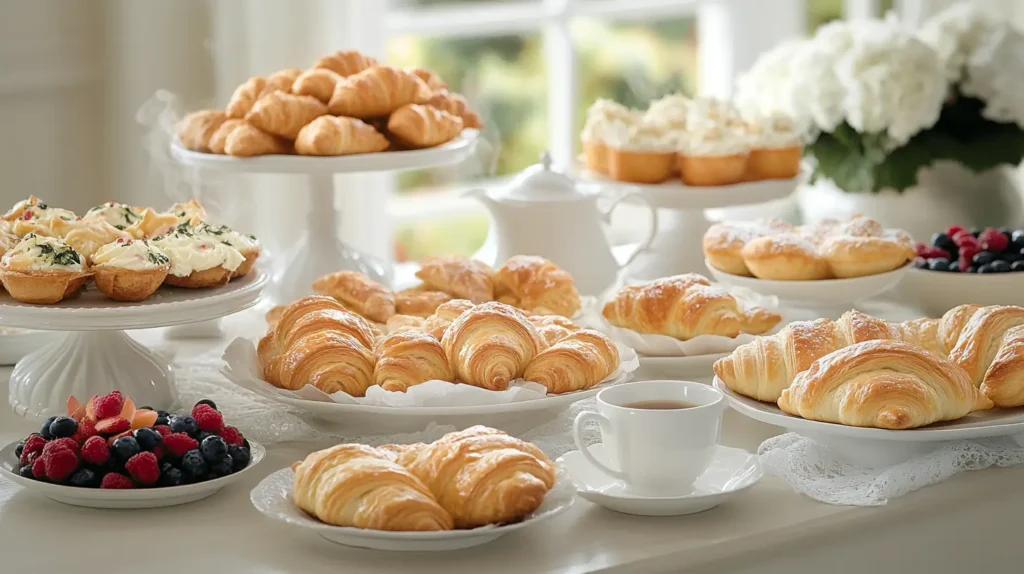 A beautifully arranged breakfast table with flaky golden croissants, cheese and spinach pastries, fruit-filled turnovers, and palmier cookies, accompanied by fresh fruits, coffee, and white porcelain dishes in soft morning light.