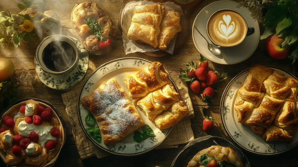 A beautifully arranged breakfast table with golden-brown puff pastries filled with sweet fruit, savory cheese, and herbs, alongside fresh fruits, coffee, and powdered sugar-dusted pastries on a rustic wooden table in soft morning light.