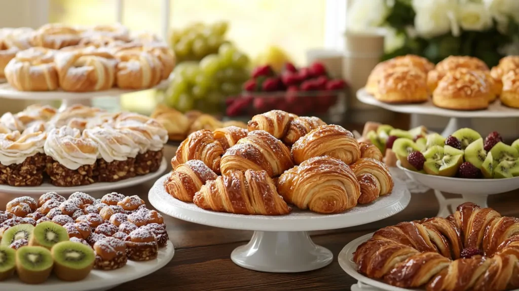 A beautifully arranged breakfast table with an assortment of flaky sweet puff pastries, including chocolate-filled croissants, fruit danishes, cinnamon rolls with powdered sugar, and almond twists, surrounded by fresh berries and kiwi slices, in soft morning light