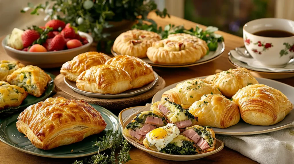 A beautifully arranged breakfast table, including golden-brown spinach and feta empanadas, mushroom and cheese pastries, and ham and egg puffs, garnished with fresh herbs, accompanied by a warm cup of coffee or tea and a side of mixed fruit.