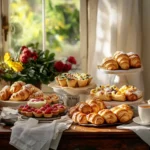 A beautifully arranged breakfast table with golden-brown puff pastry dishes, including croissants, cheese and spinach pastries, fruit tarts, and Danish pastries, surrounded by fresh fruits and coffee in soft morning light.