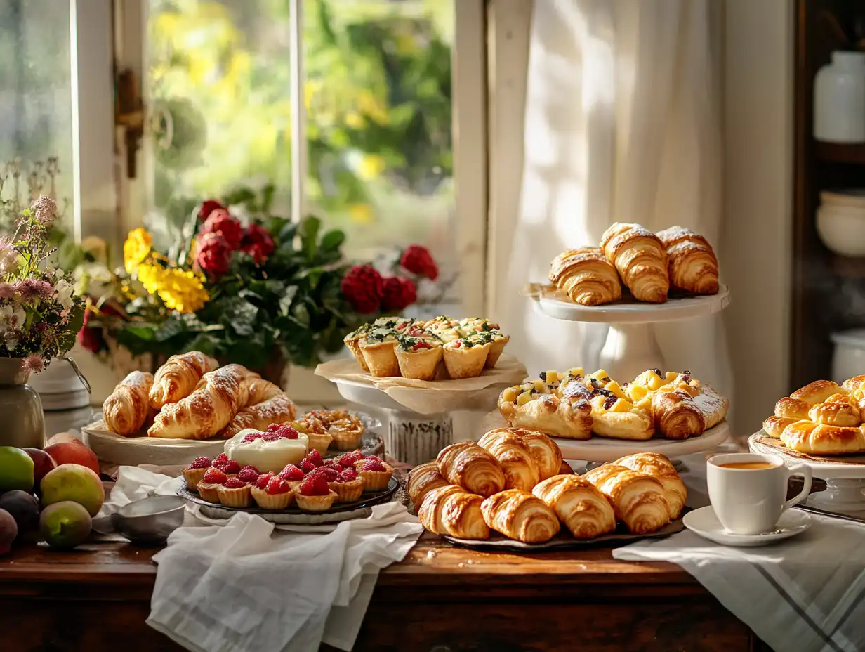 A beautifully arranged breakfast table with golden-brown puff pastry dishes, including croissants, cheese and spinach pastries, fruit tarts, and Danish pastries, surrounded by fresh fruits and coffee in soft morning light.