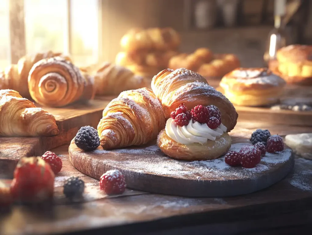 A vibrant kitchen scene with freshly baked sweet puff pastries, including filled croissants, fruit danishes, and cream-filled spirals, garnished with powdered sugar and fresh berries on a rustic wooden table in soft morning light.