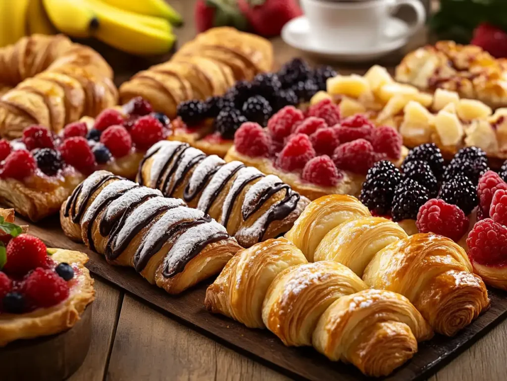 A colorful assortment of sweet puff pastry breakfast treats, including powdered sugar-dusted croissants, fruit tarts with vibrant berries, chocolate-drizzled twist pastries, and golden danishes with icing, arranged on a rustic wooden table with fresh fruits and coffee.