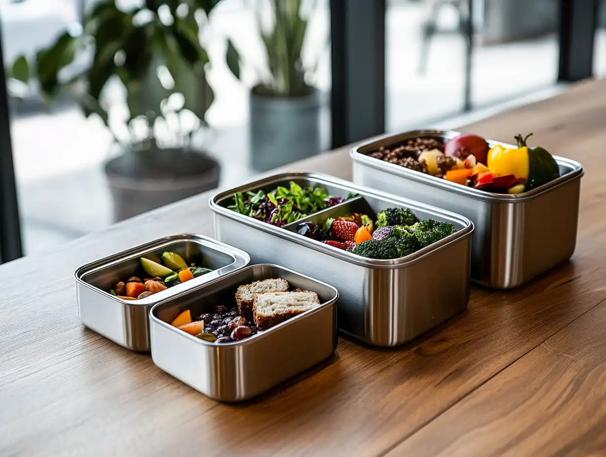 A selection of sleek, modern stainless steel dinner tray lunch containers arranged on a wooden table, each with compartments holding fresh fruits and colorful salads, highlighted by soft natural lighting.