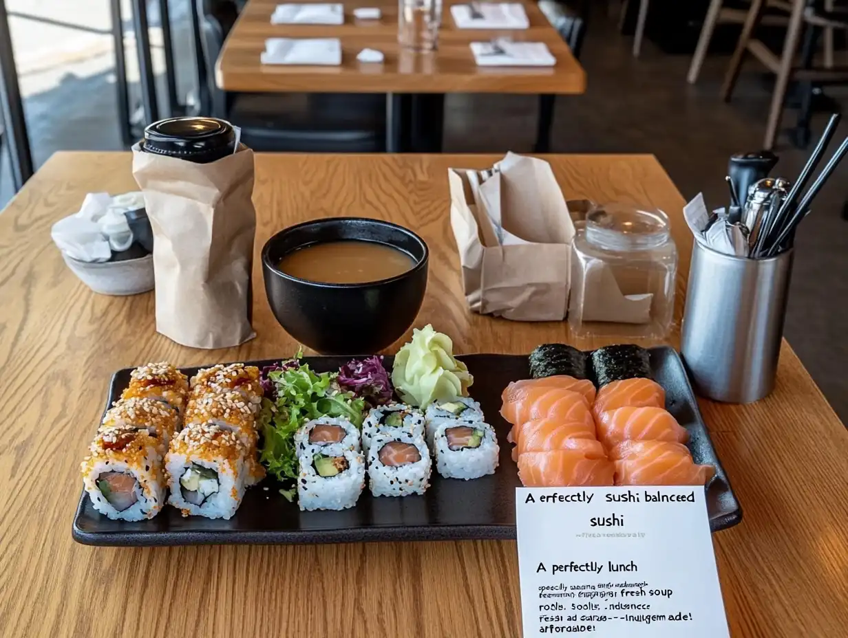 Flat-lay shot of a vibrant sushi lunch special