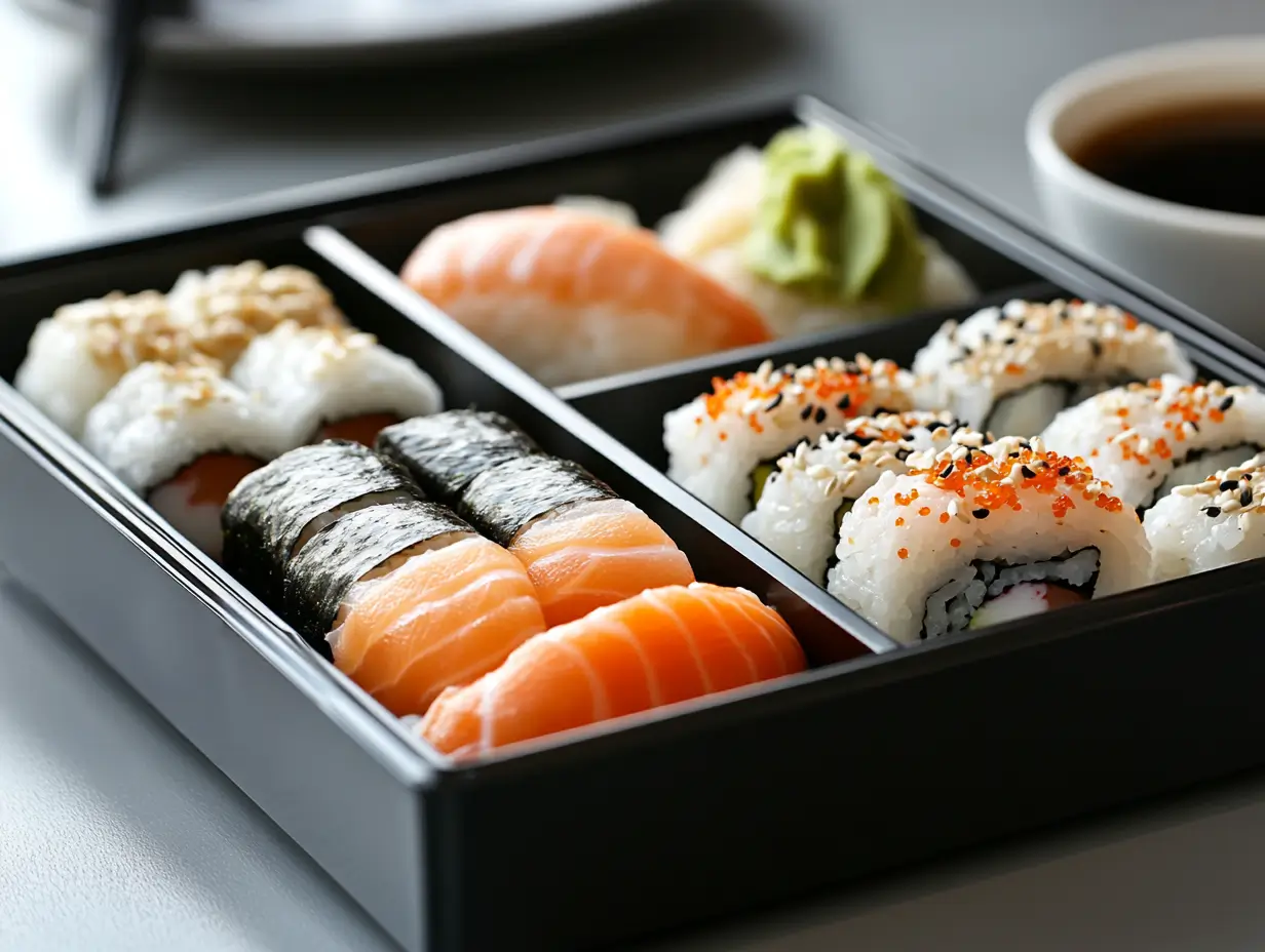 A beautifully arranged selection of sushi featuring nigiri, sashimi, maki rolls, and temaki on a wooden platter, showcasing vibrant colors and fresh ingredients.