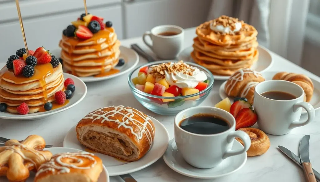 Breakfast table with fluffy pancakes, golden waffles, yogurt with honey and granola, cinnamon rolls with icing, fruit salad, and coffee, set against a cozy morning backdrop