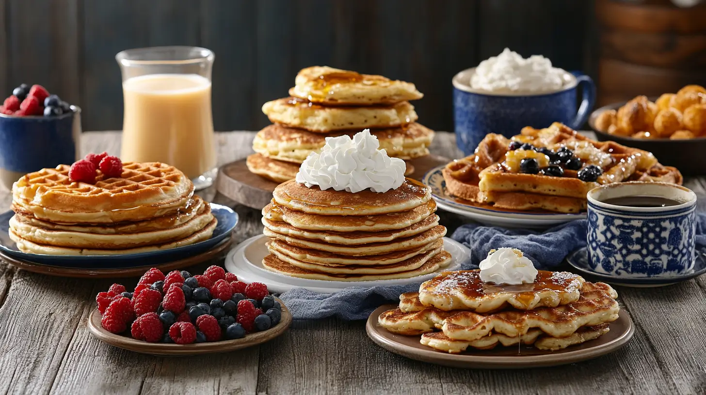 Classic breakfast spread with fluffy pancakes, golden waffles, French toast, maple syrup, whipped cream, fresh berries, and a cup of coffee or juice.