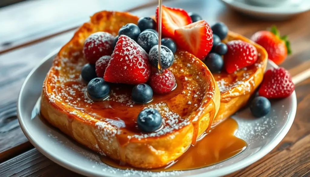 Golden French toast topped with maple syrup, mixed berries, and powdered sugar on a rustic wooden table with soft morning light. sweet breakfast recipes