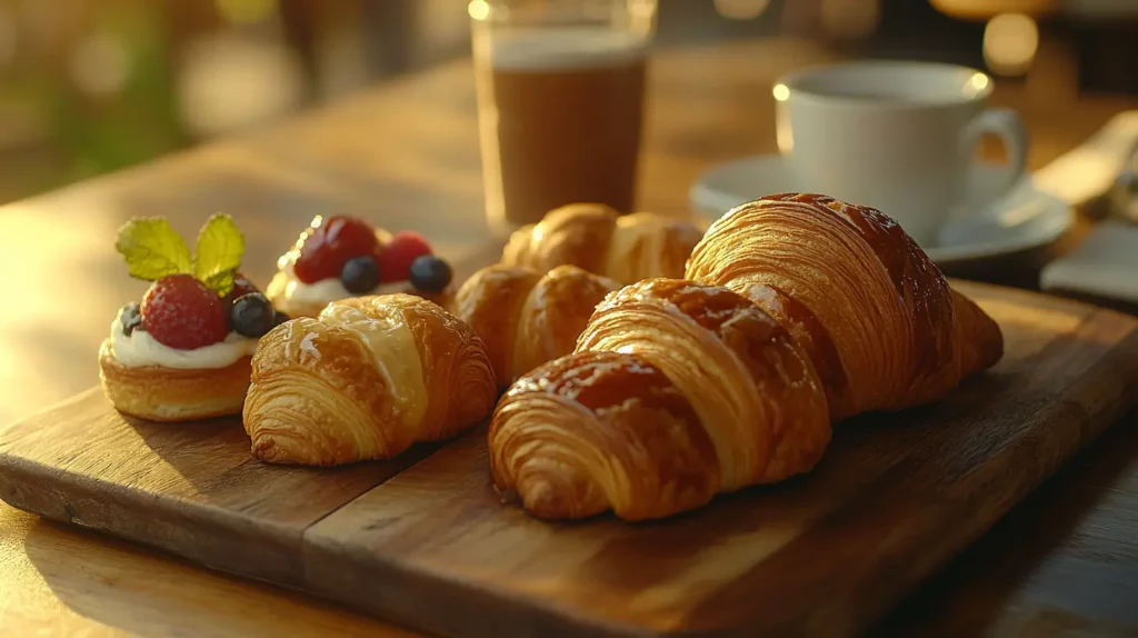 Close-up of golden croissants, glazed cinnamon rolls, and fruit-filled Danish pastries arranged on a wooden plate with a hot beverage in the background.