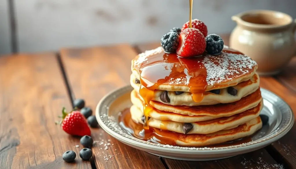 Fluffy chocolate chip pancakes topped with maple syrup, fresh berries, and powdered sugar on a rustic wooden table with soft morning light. sweet breakfast recipes