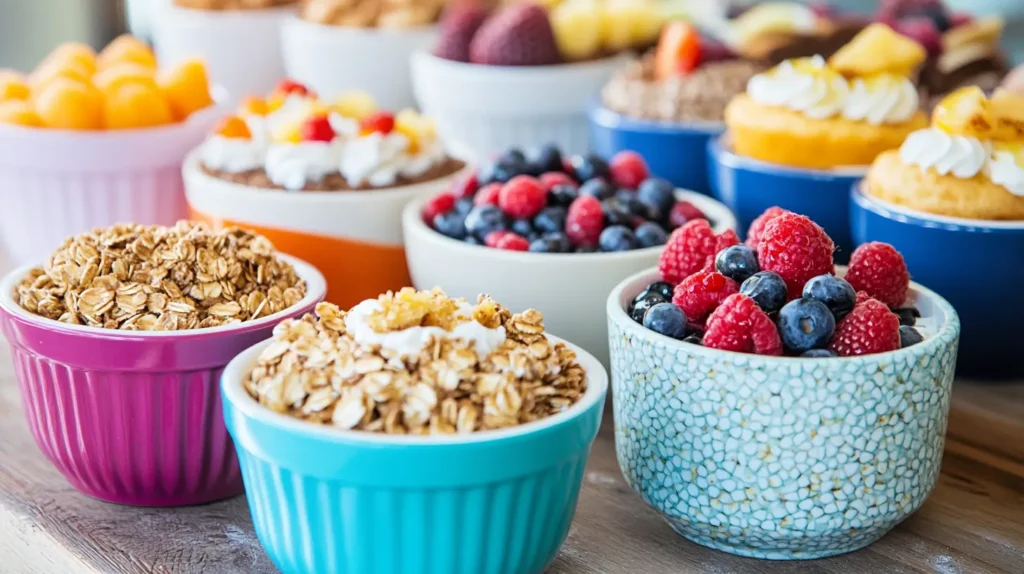 Quick and easy sweet breakfast setup with muffins, yogurt parfaits, and smoothie bowls topped with fresh fruits and granola.