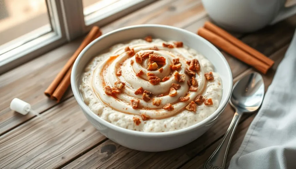 Overnight oats topped with cinnamon swirls, frosting, and chopped pecans, surrounded by cinnamon sticks and a vintage spoon on a rustic wooden table