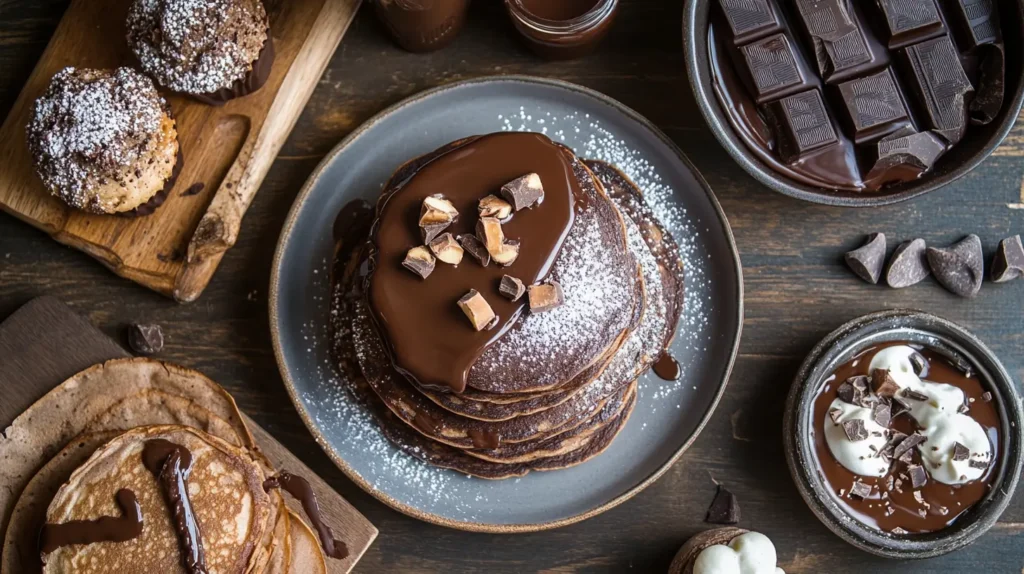 Decadent chocolate-themed breakfast spread with chocolate chip pancakes, Nutella-stuffed crepes, and double chocolate muffins, drizzled with chocolate syrup and dusted with powdered sugar.