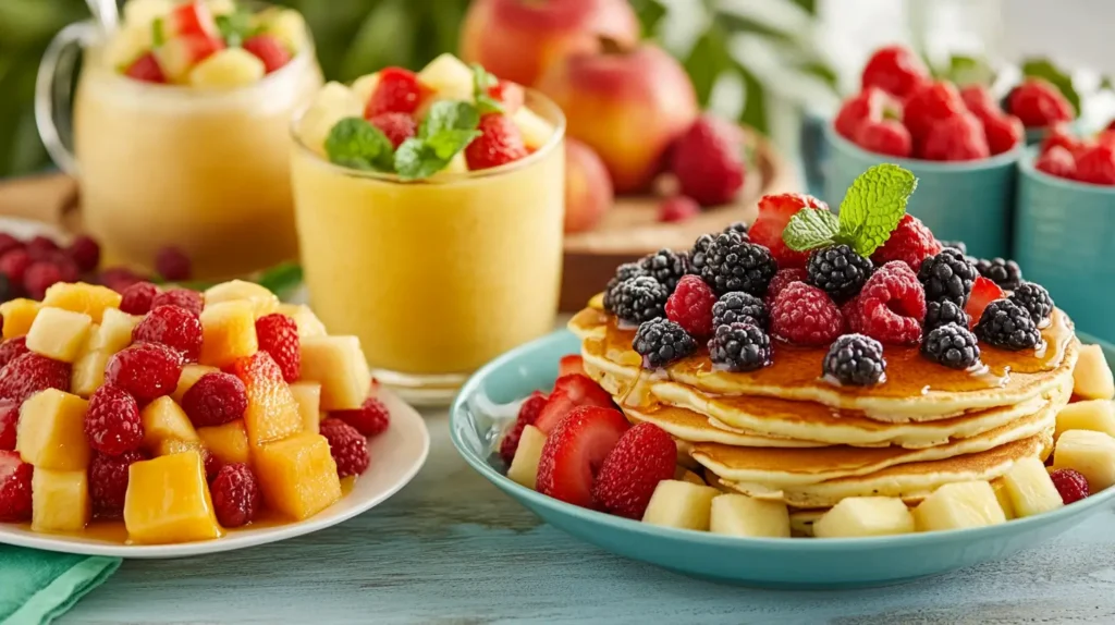 Refreshing fruit-filled breakfast display with colorful fruit salad, berry-topped pancakes, and tropical smoothies garnished with mint leaves and fruit slices.