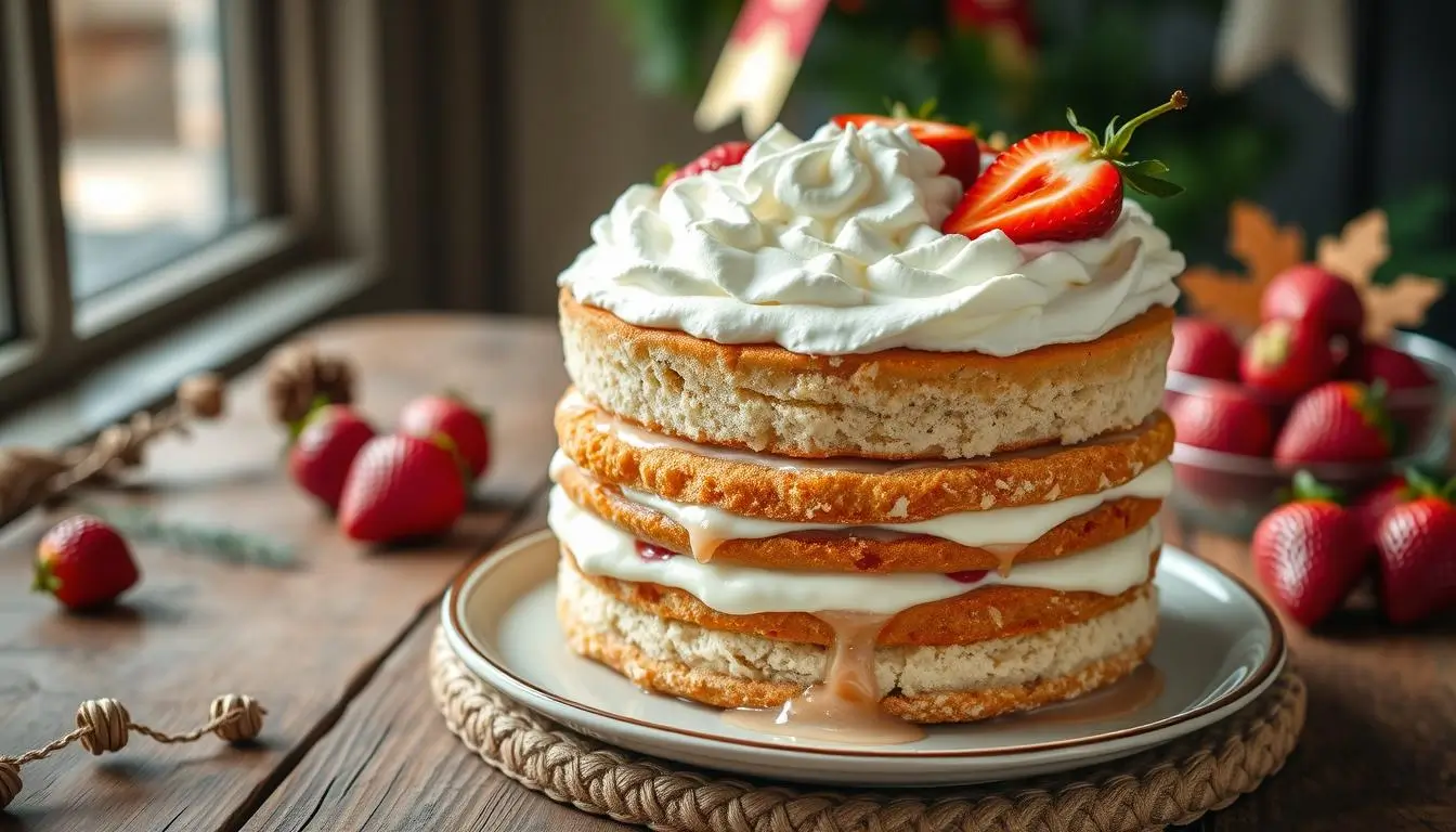 Delectable tres leches cake with whipped cream and fresh strawberries on a rustic wooden table with festive decorations and soft natural lighting