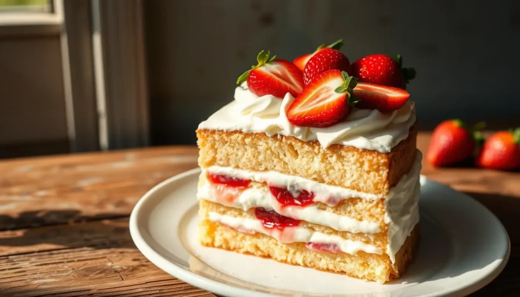 Authentic tres leches cake layered and soaked in three types of milk, topped with whipped cream and fresh strawberries on a rustic wooden table under warm sunlight.