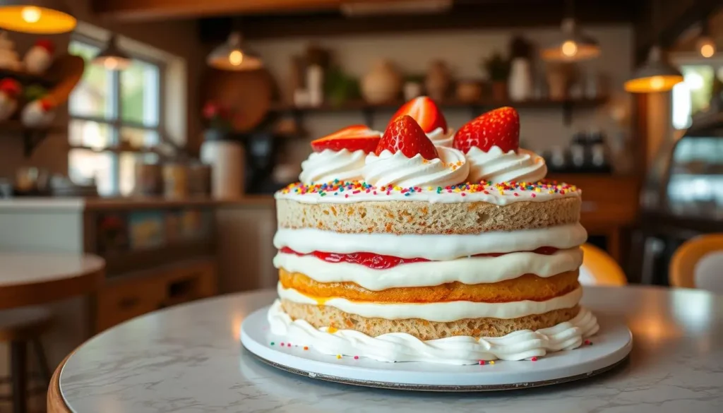 Beautifully decorated tres leches cake with whipped cream, fresh strawberries, and colorful sprinkles on an elegant table in a cozy bakery with warm lighting and rustic decor.