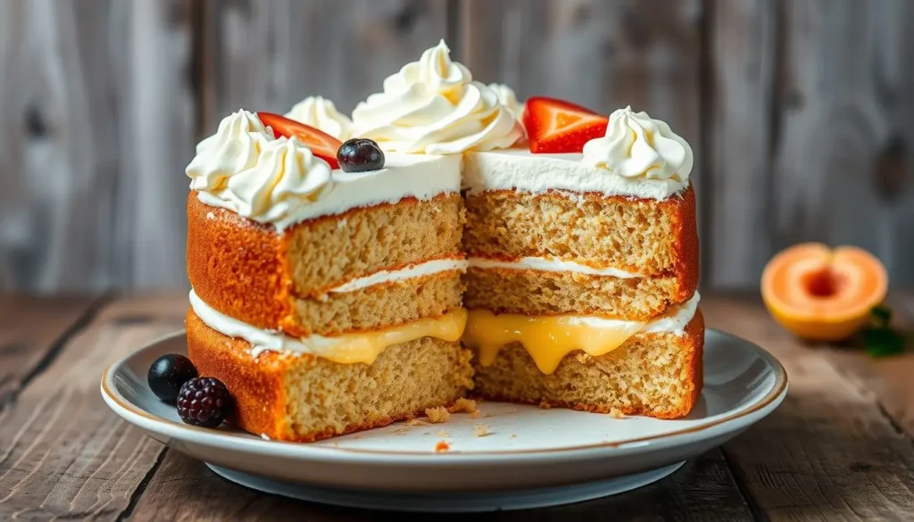 Beautifully layered authentic tres leches cake with three milk-soaked layers, whipped cream, and fresh fruit garnishes, set on a rustic wooden background with a slice removed to reveal its moist texture