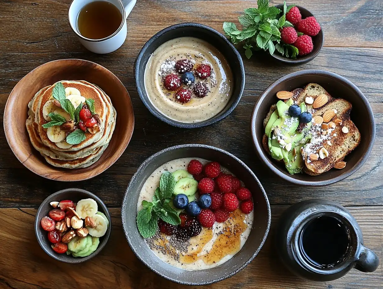 A vibrant flat lay on a rustic wooden table showcasing colorful vegan gluten free breakfast recipes: chia seed pudding with fresh berries, fluffy banana pancakes drizzled with maple syrup, a smoothie bowl decorated with fruits and nuts, avocado toast on gluten-free bread, and oatmeal topped with almond slices and coconut flakes, surrounded by mint sprigs and herbal tea