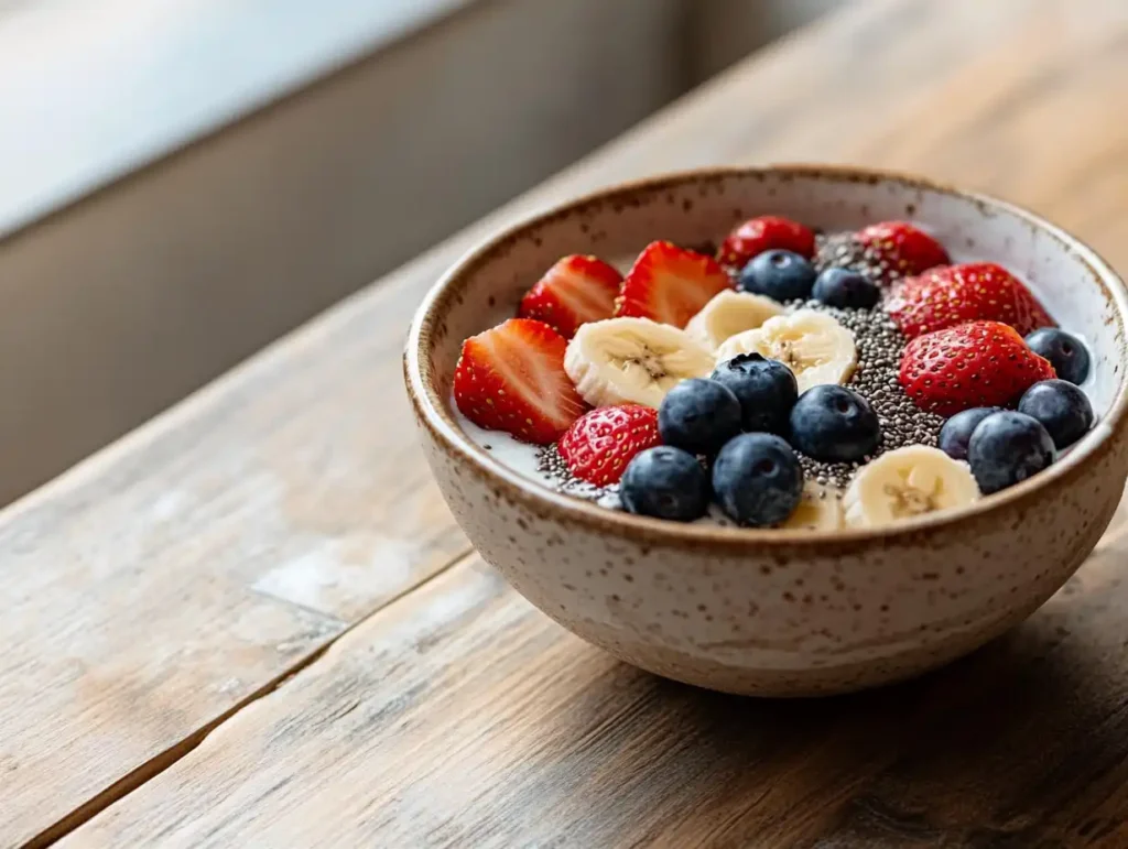 A vibrant vegan smoothie bowl topped with sliced bananas, strawberries, and blueberries, sprinkled with chia seeds and coconut flakes, set on a rustic wooden table in bright natural morning light.