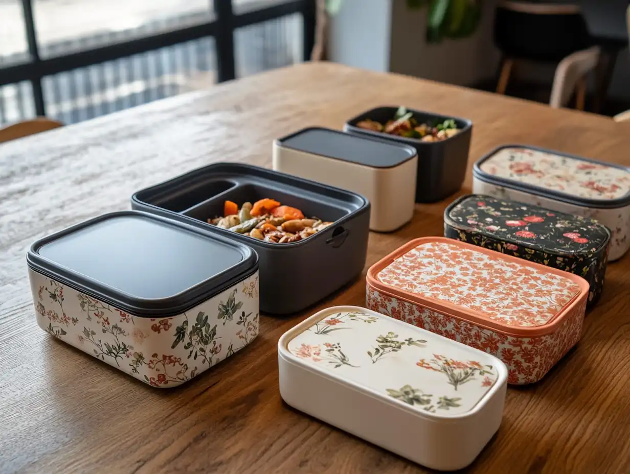 Collection of stylish women's lunch boxes with floral, metallic, and vibrant designs, featuring eco-friendly materials and healthy meal prep ideas inside, arranged on a wooden table