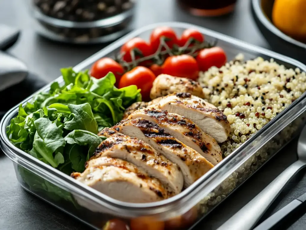 Nutritious women's lunch box with mixed greens, cherry tomatoes, grilled chicken, quinoa, and fresh fruit, set on a wooden table with stylish utensils