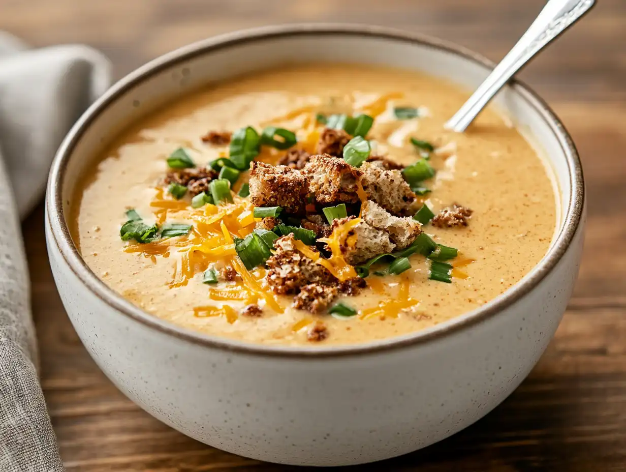 Steaming bowl of cheeseburger soup with melted cheese, croutons, and green onions.