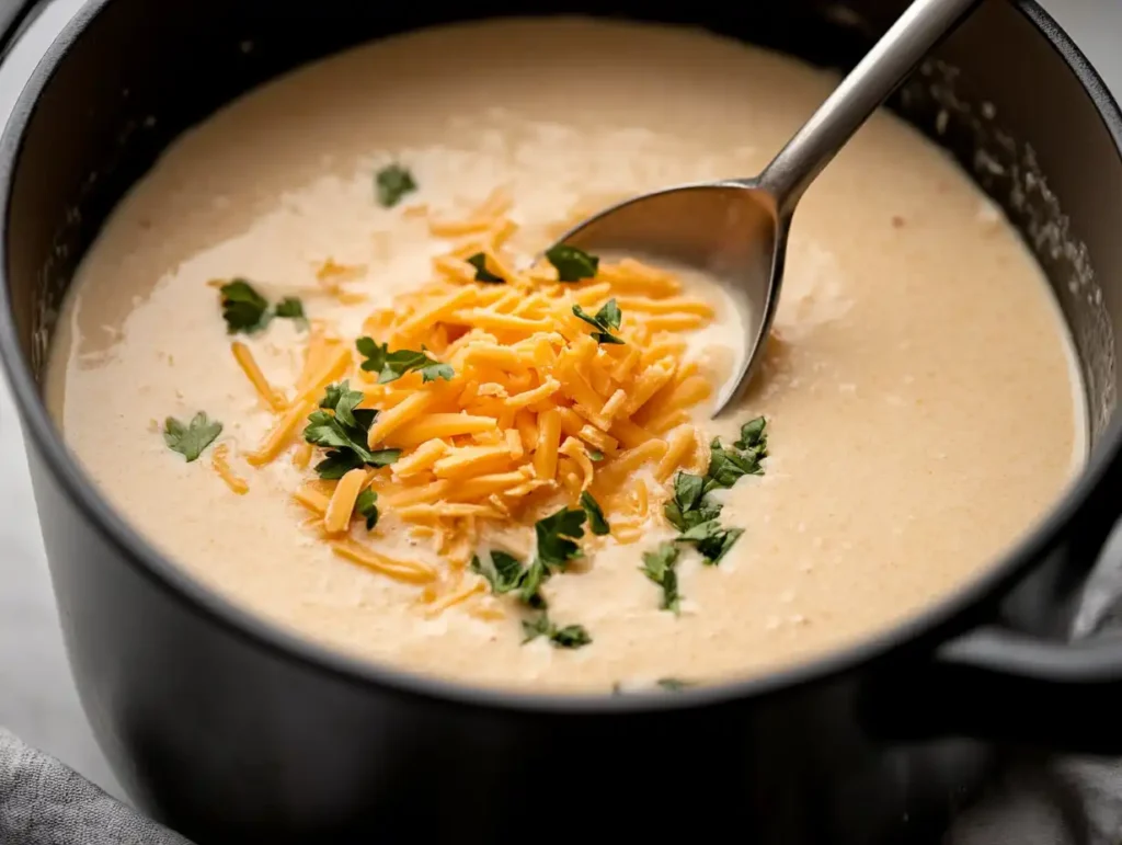 Freshly shredded cheddar cheese melting into a pot of cheeseburger soup.