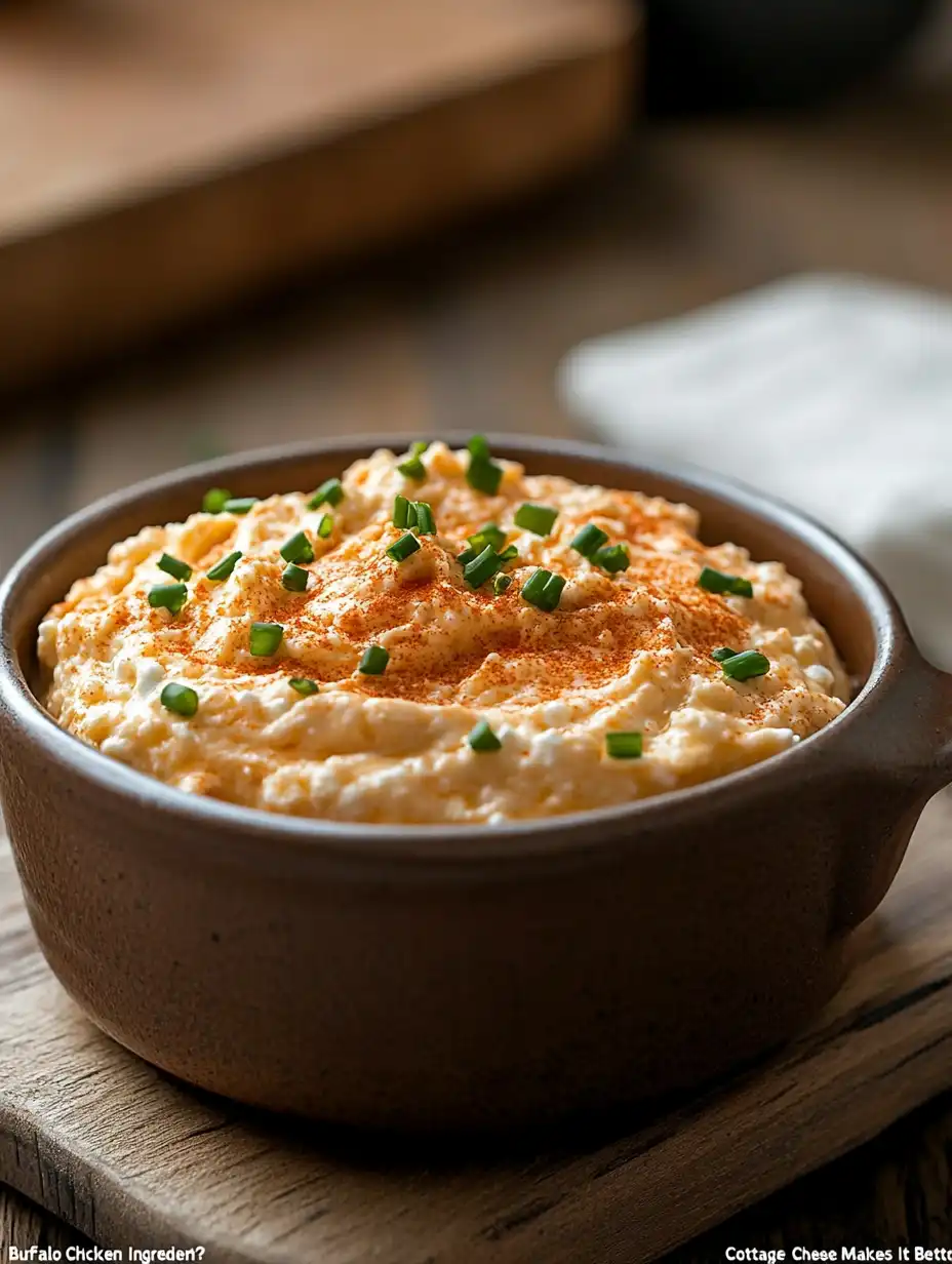 Creamy cottage cheese buffalo chicken dip garnished with paprika and fresh chives in a rustic brown bowl on a wooden board.