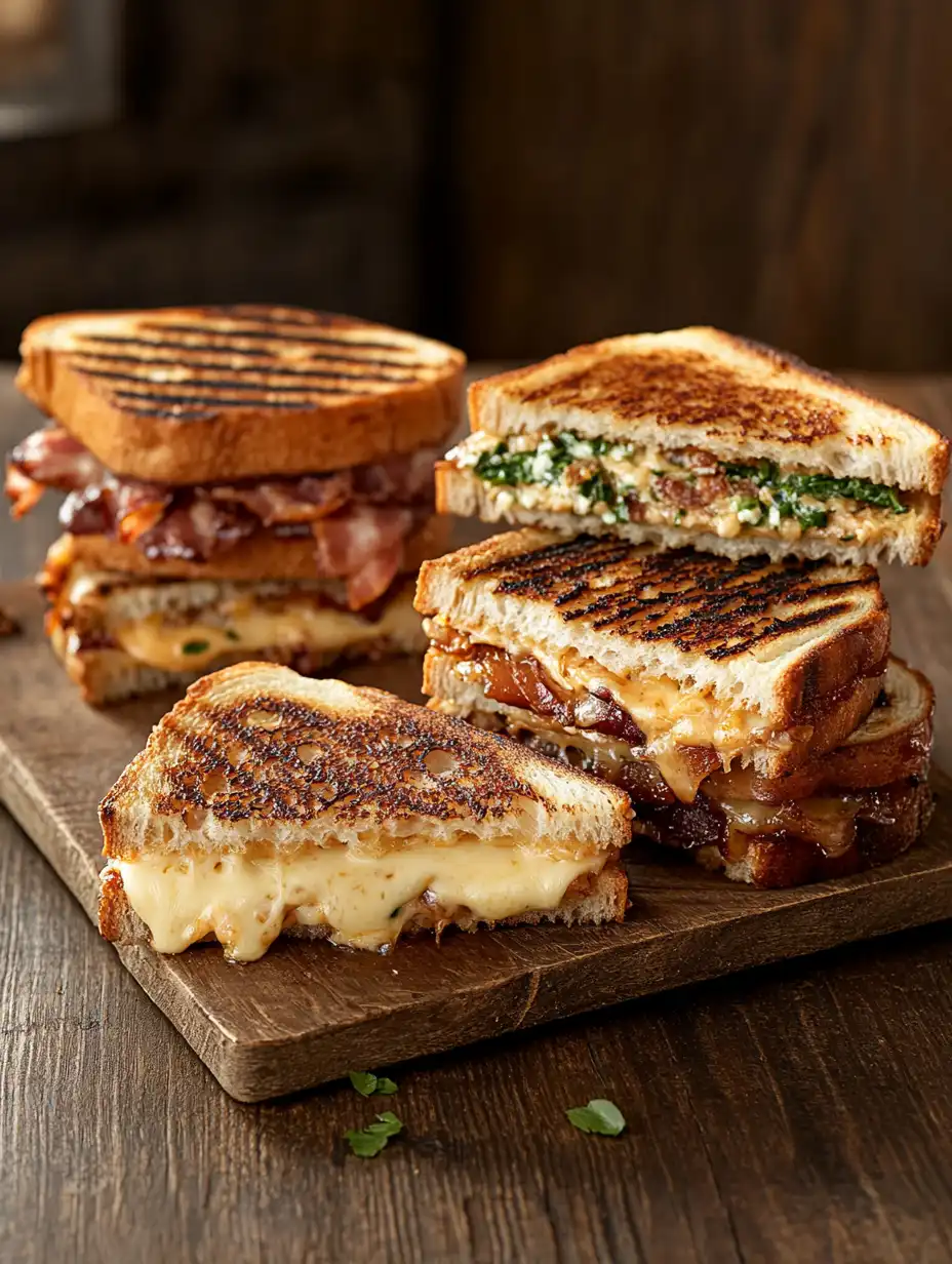 Grilled cheese sandwiches stacked with crispy crust and melty cheese served on a wooden board