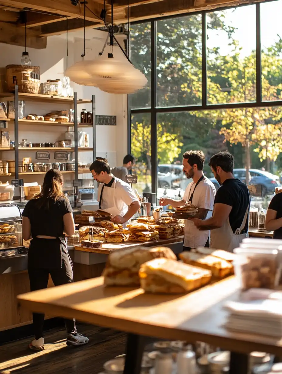 A bustling café where chefs and customers gather to enjoy gourmet grilled cheese sandwiches, embodying the spirit of the Grilled Cheese Society.