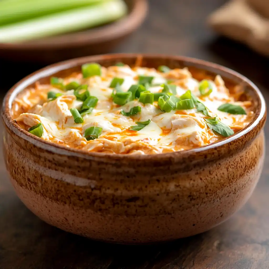 Creamy high-protein buffalo chicken dip topped with melted cheese and green onions in a rustic bowl.