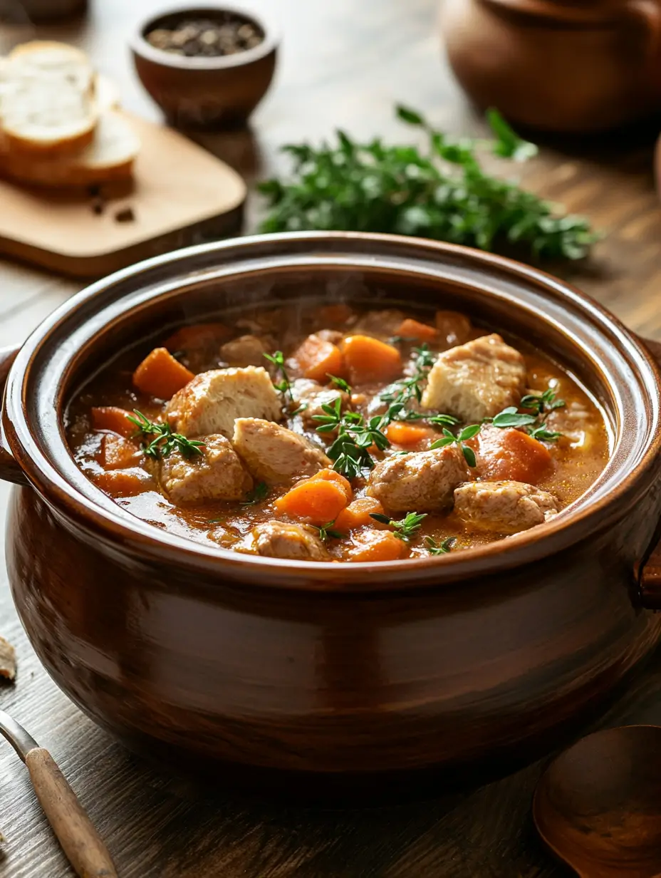 High protein slow cooker beef stew with carrots and herbs in a clay pot