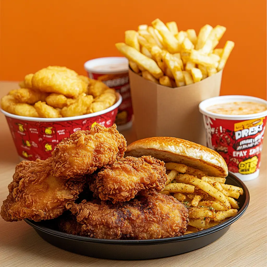 Hip Hop Fish and Chicken platter with crispy fried fish fillets and golden fried chicken pieces, served with fries and coleslaw. The image highlights the unique fusion of fried seafood and chicken in a fast food setting, capturing the growing popularity of Hip Hop Fish and Chicken.