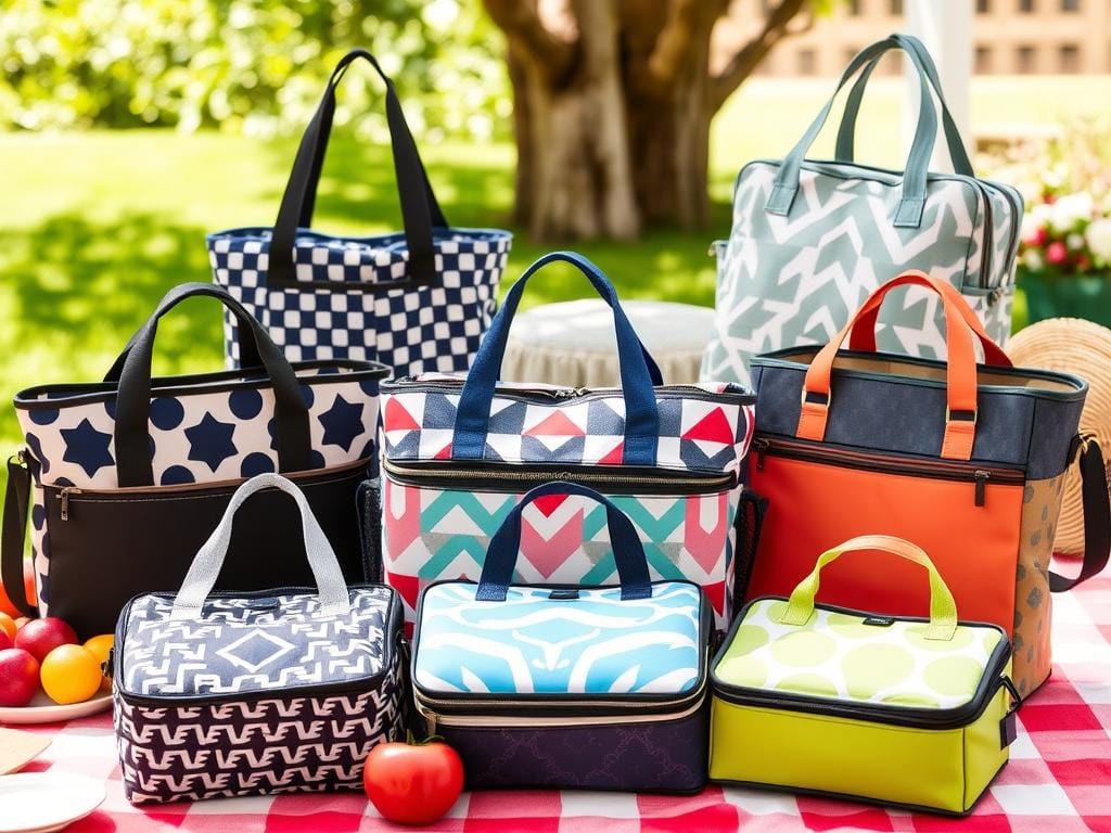 A variety of stylish insulated lunch totes displayed on a picnic table, featuring different colors and patterns.