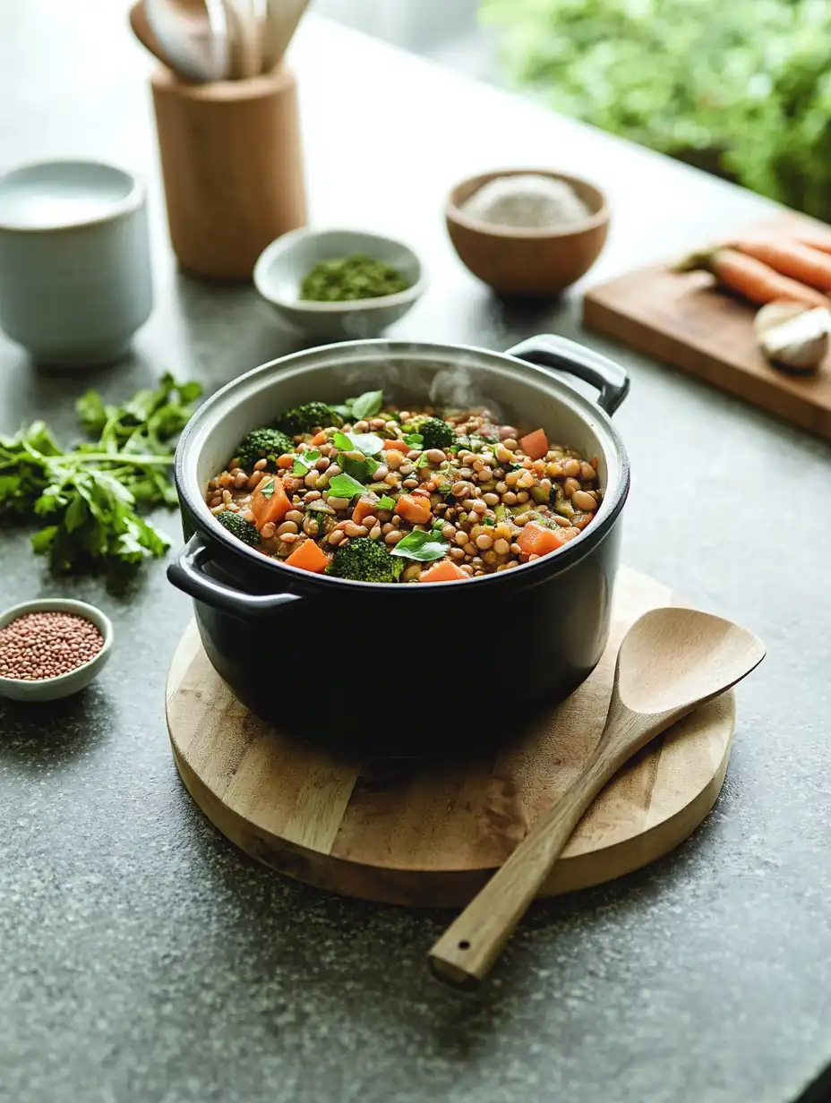 A steaming pot of lentil and vegetable stew, prepared using a slow cooker. Fresh ingredients like carrots, parsley, and lentils surround the pot, showcasing a wholesome slow cooker recipe.