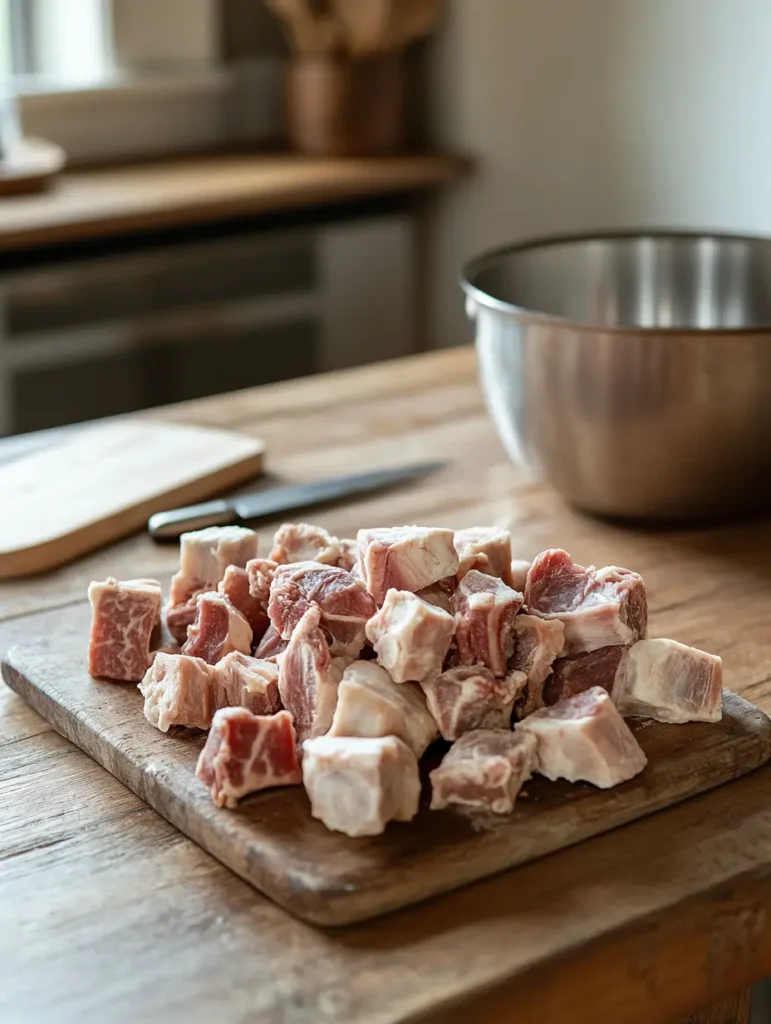 Close-up of fresh raw meat pieces on a rustic wooden board in a kitchen setting.