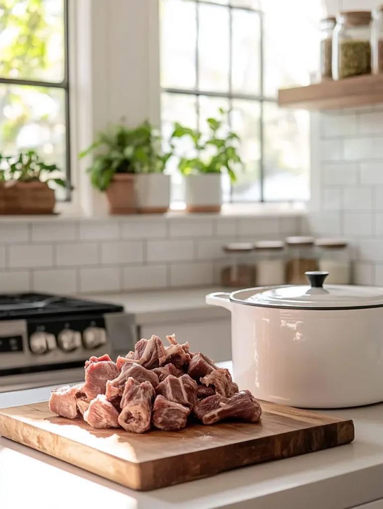 Freshly cut raw meat pieces on a wooden cutting board beside a white pot.