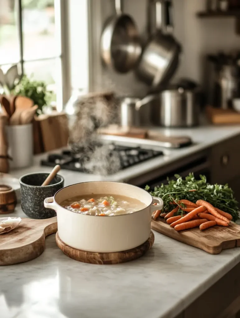 A steaming pot of homemade soup with fresh vegetables on a kitchen countertop.