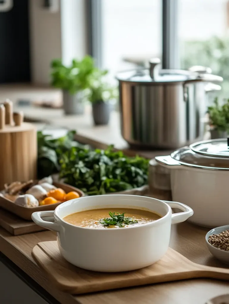 nutritional benefits of soup Trio of hot soups in ceramic bowls, garnished with fresh herbs, served on a wooden table.
