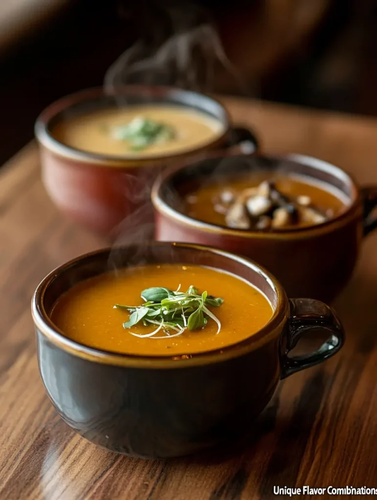 unique soups with flavor combinations Freshly made creamy soup in a white pot, surrounded by fresh ingredients like garlic, greens, and spices.