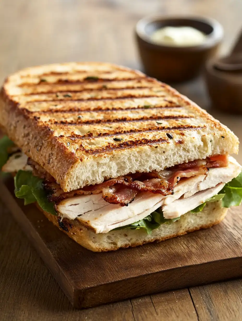 Grilled turkey BLT sandwich with crispy bacon, fresh lettuce, and toasted bread on a wooden board.